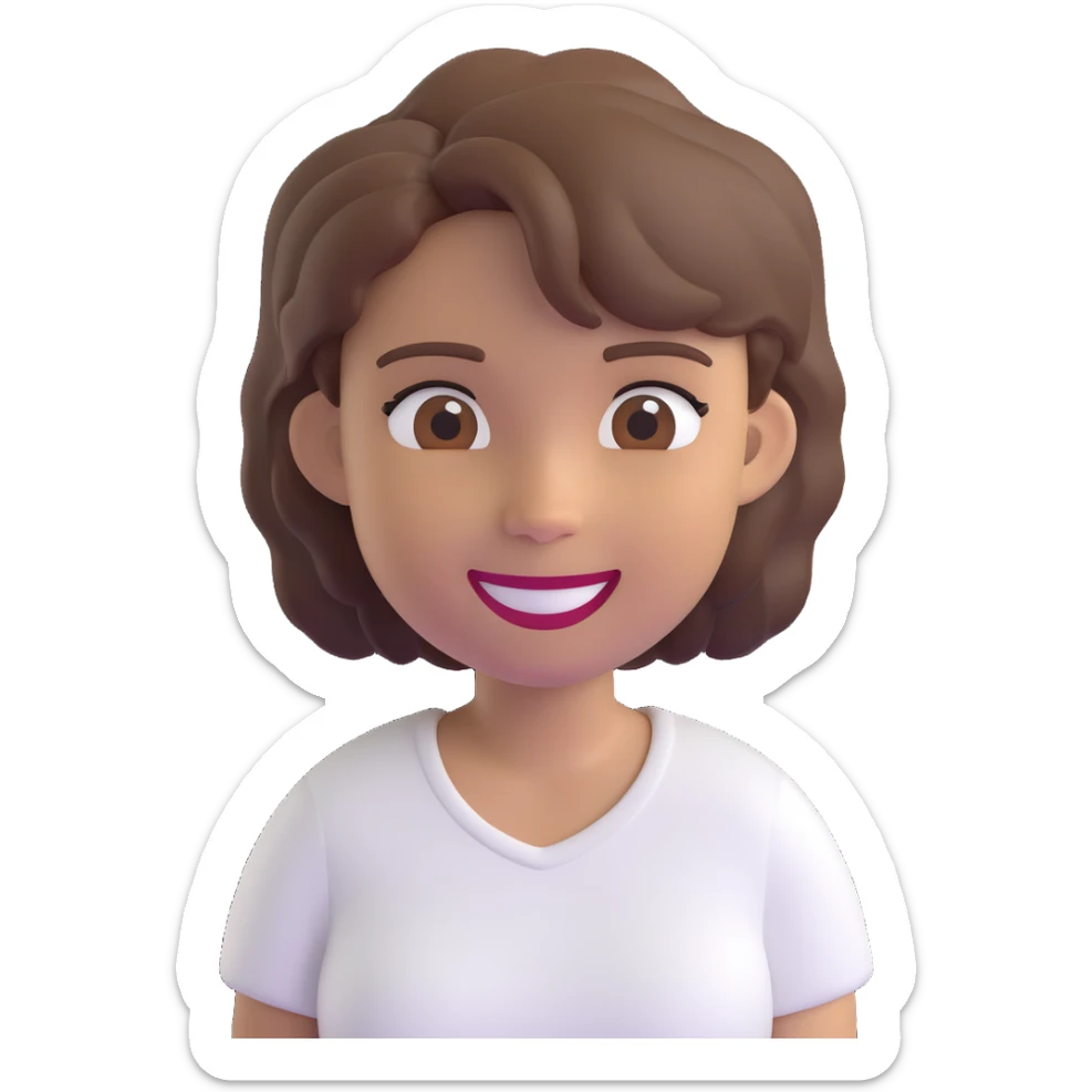 3D emoji style character with short tousled brown hair, smiling, light skin, white shirt sticker