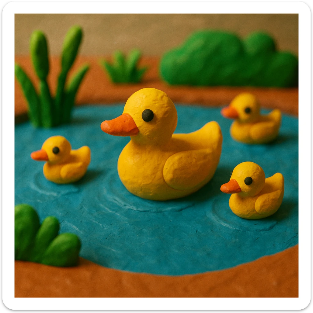 duck family swimming in a pond, vibrant colors, soft lighting, textured look, claymation style sticker