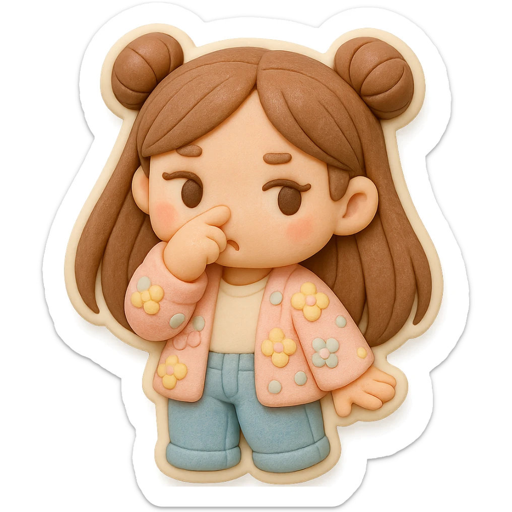 3D chibi fondant cake art style, high-quality rendering with smooth shadows and soft gradients. Girl with long brown hair in two space buns, brown eyes, jeans, pastel floral cardigan, thick white outline like a sticker, transparent background. Waving her hand in front of her nose like 'ew, it stinks', preserve facial features. sticker