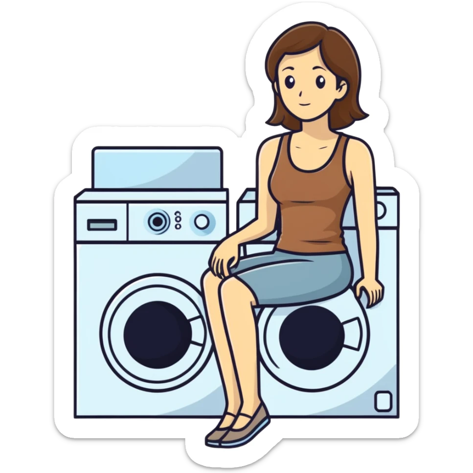 Caucasian woman with brown hair and big boobs wearing a tank top sitting on a washer and dryer sticker