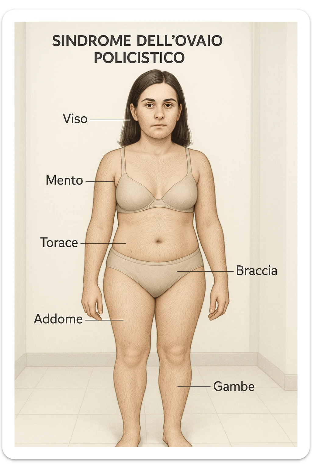 Realistic vertical illustration of a woman with polycystic ovary syndrome. Anatomically highlight the areas most affected by excess hair (face, chin, chest, abdomen, arms, legs). Clinical atmosphere with captions in Italian. Aspect ratio 2:3. sticker