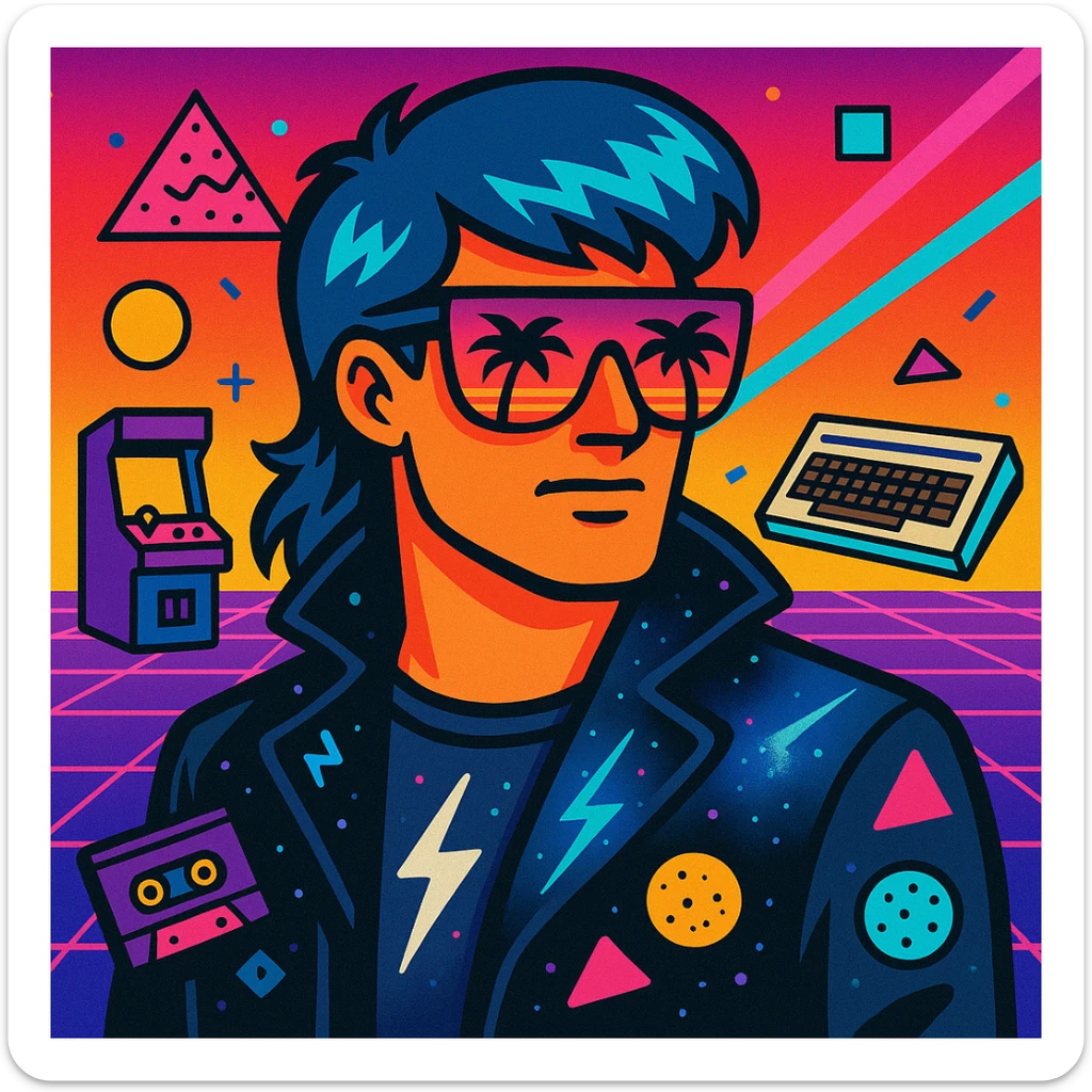 retro-futuristic 80s male portrait with classic mullet hairstyle with neon blue highlights, face half-hidden by bright airbrushed sunglasses with pink to purple gradient reflecting palms and sunset, leather jacket with raised collar airbrushed with lightning and cosmic motifs, Memphis Design geometry, energetic neon gradient background with perspective grid, laser beams, details like cassettes, arcade games, Commodore 64, electric blue, fuchsia, turquoise, ultraviolet colors sticker