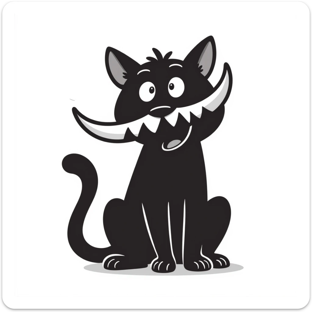 sketch of a tiny saber-toothed cat with 8-inch-long fangs that are enormously disproportionate to its small body, absurdly long teeth sticker