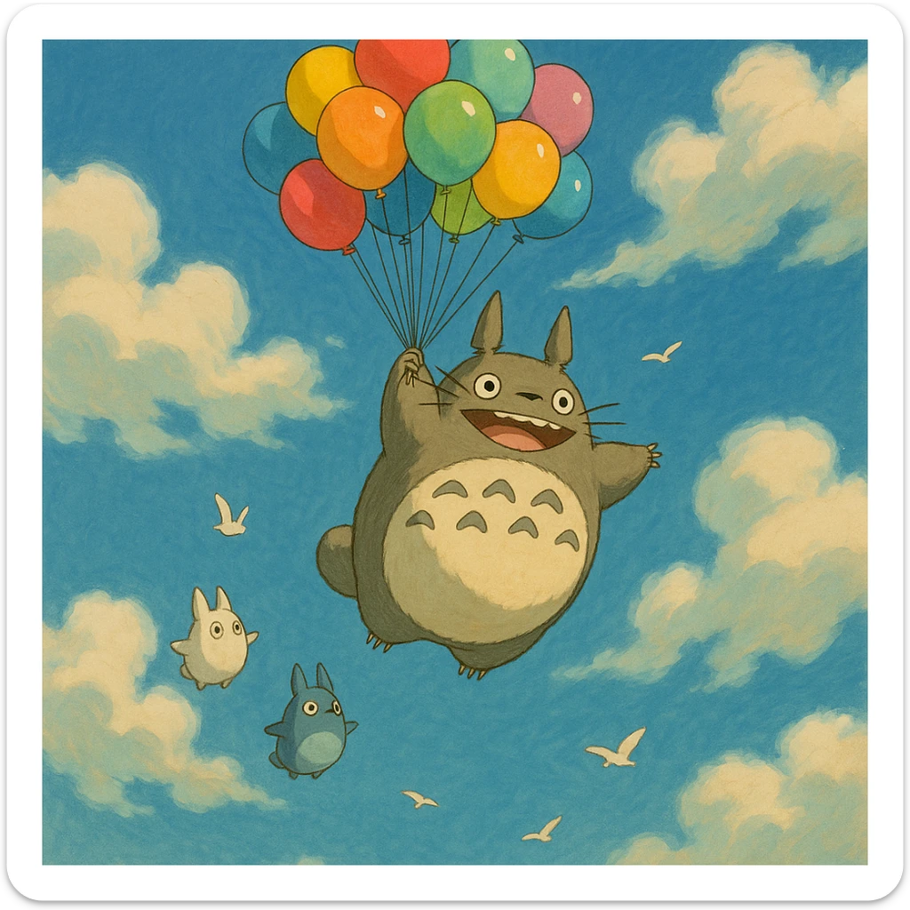 Totoro floating high in the sky, joyfully holding onto a bunch of colorful balloons, with small Totoros trailing behind him and fluffy clouds parting around them as birds fly nearby. sticker