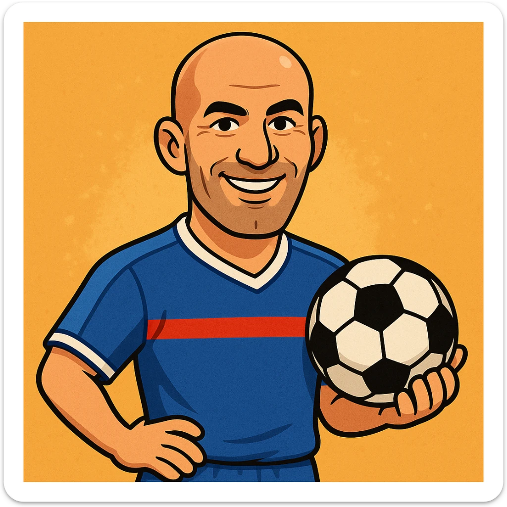 Zinedine Zidane, cartoon style, bald, French football legend, blue football kit, smiling, holding a soccer ball sticker