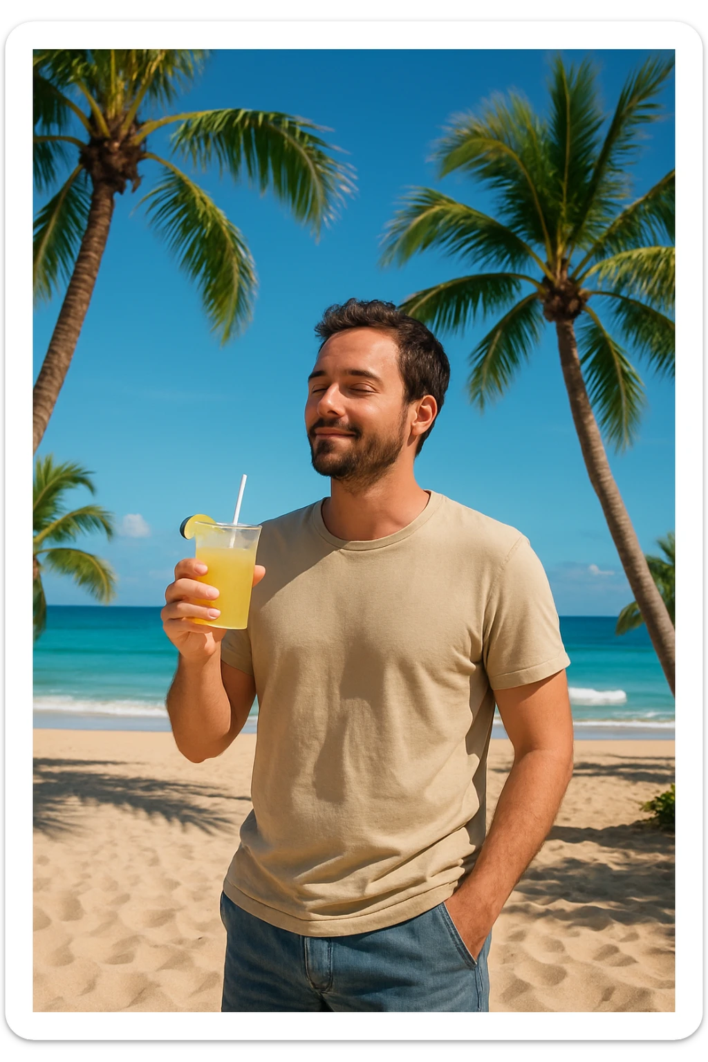 take this picture of a man and make it  beach photo with drink sticker
