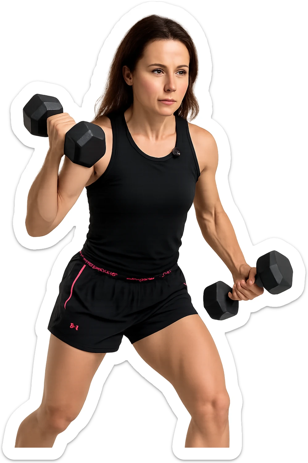 Allenamento ad alta intensità donna mentre fa pesi con in mano due manubri sticker