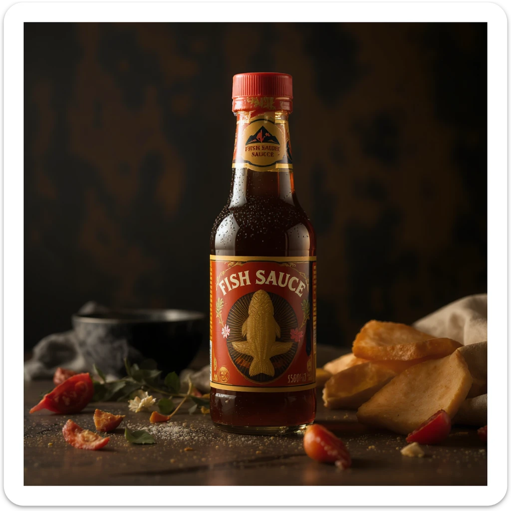 realistic fish sauce bottle, clear label, glass bottle, amber liquid, condensation, appetizing look sticker