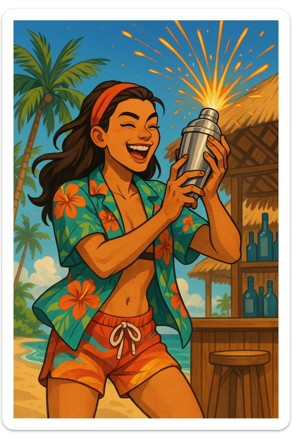 human female Unbuttoned Hawaiian shirt, swim trunks, shaking a cocktail shaker (sparks flying) sticker