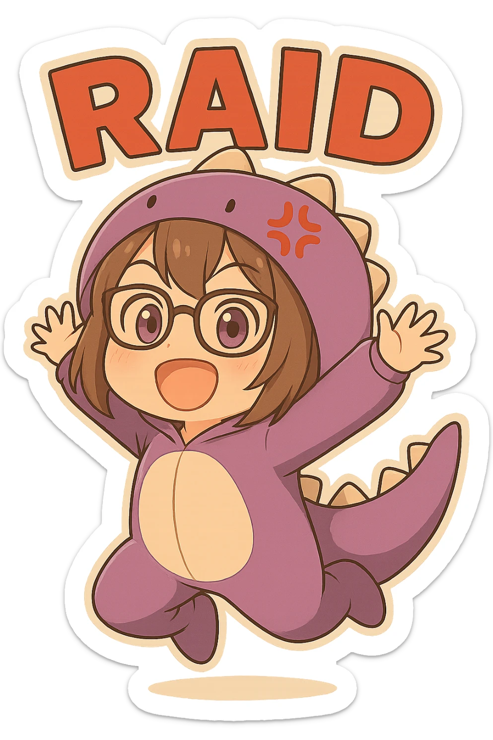 Add the text 'RAID' above the chibi anime style gamer girl in bold red letters. Keep the same chibi stickers style, matching the colors and shading of the reference images. No background. sticker
