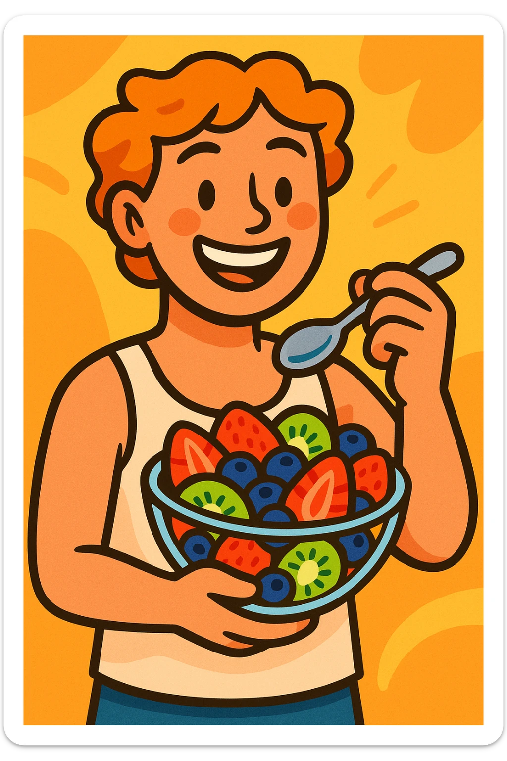 A cheerful person holding a glass bowl of colorful fruit salad with vibrant pieces of strawberries, kiwis, and blueberries visible. The person is wearing a casual, light-colored tank top and has a friendly, bright smile as they prepare to take a bite with a spoon. sticker
