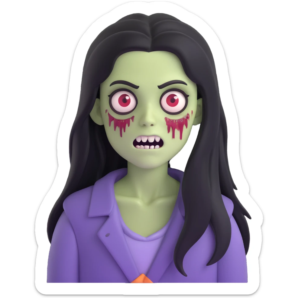 girl zombie with black long hair with teeth and serious face sticker
