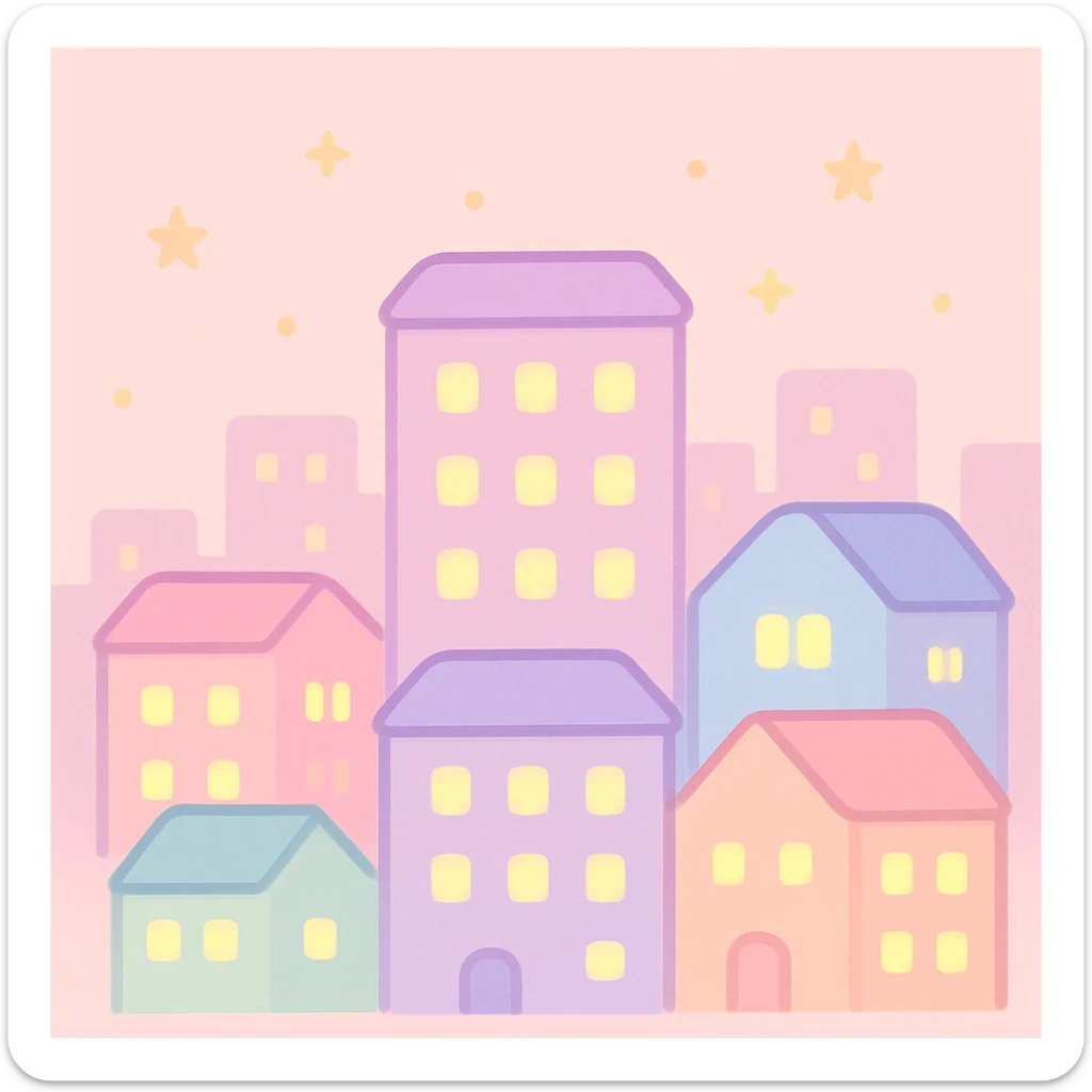 cityscape at dusk, gentle pastel tones, cozy windows lit up, kawaii cartoon style sticker