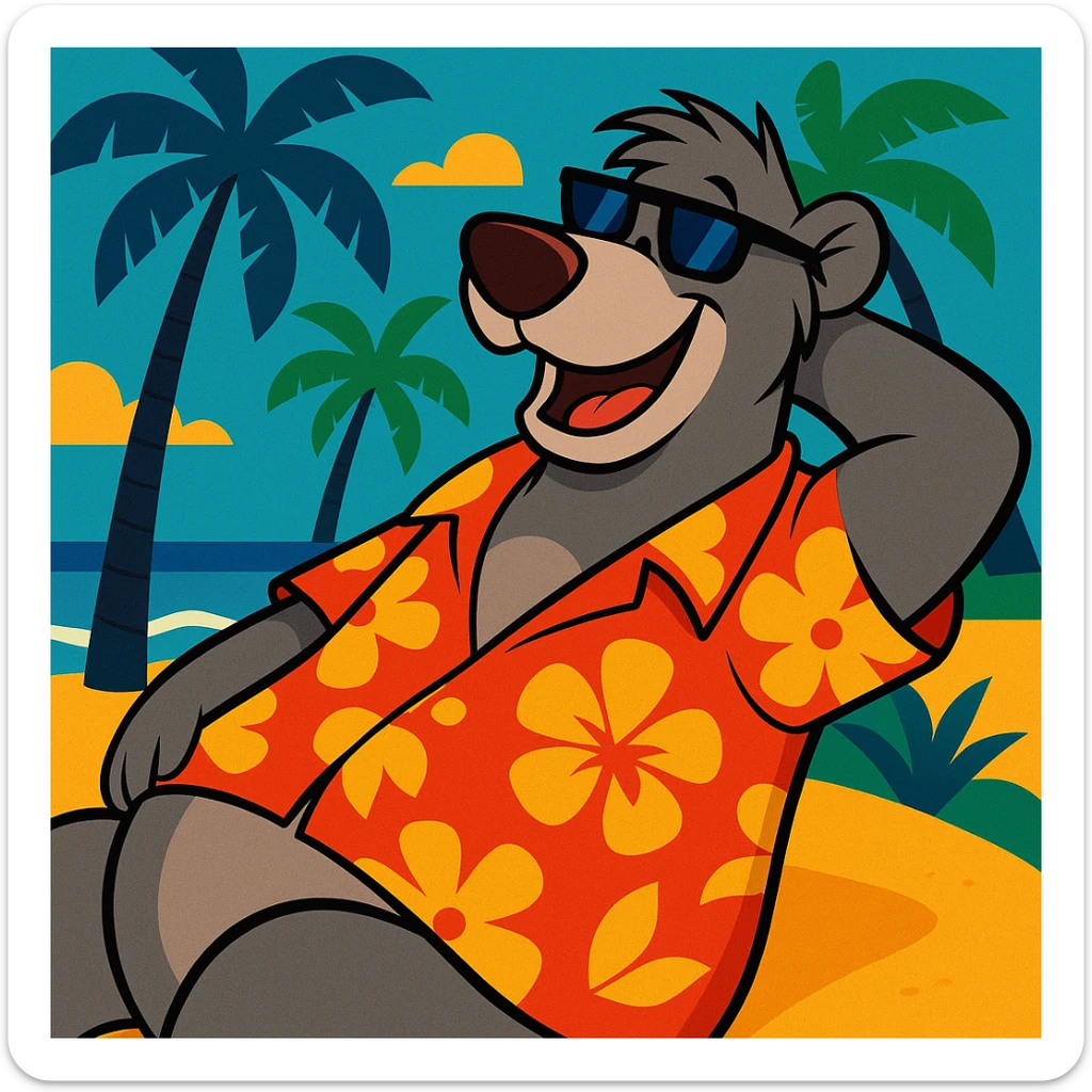 Baloo the bear relaxing on a tropical beach, wearing sunglasses and a Hawaiian shirt, palm trees and ocean in the background, vibrant and cheerful style sticker