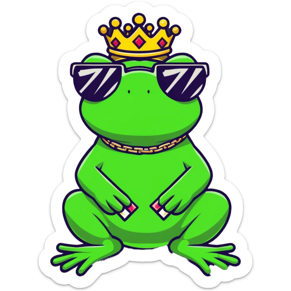 gangster frog wearing a gold crown smoking a blunt, cool sunglasses, gold chain sticker