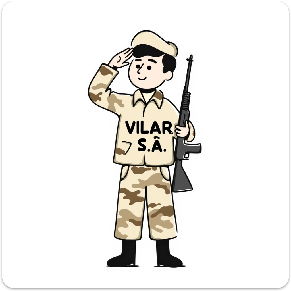 soldadito con uniforme camuflado en colores crema, marrón y beige, con la inscripción 'Vilar S.A.' en el pecho, saludando como militar, estilo dibujo a mano alzada sticker
