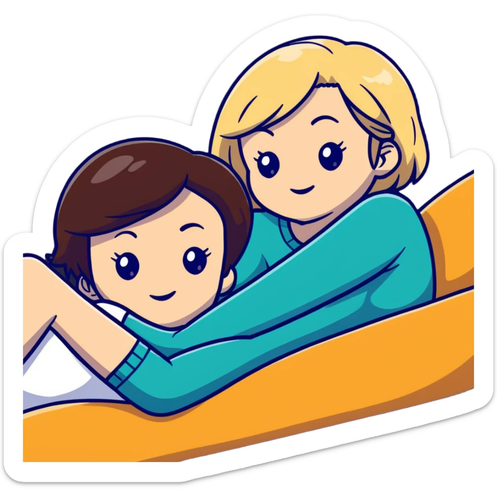Short haired brunette woman laying on the lap of a long blonde haired woman sticker