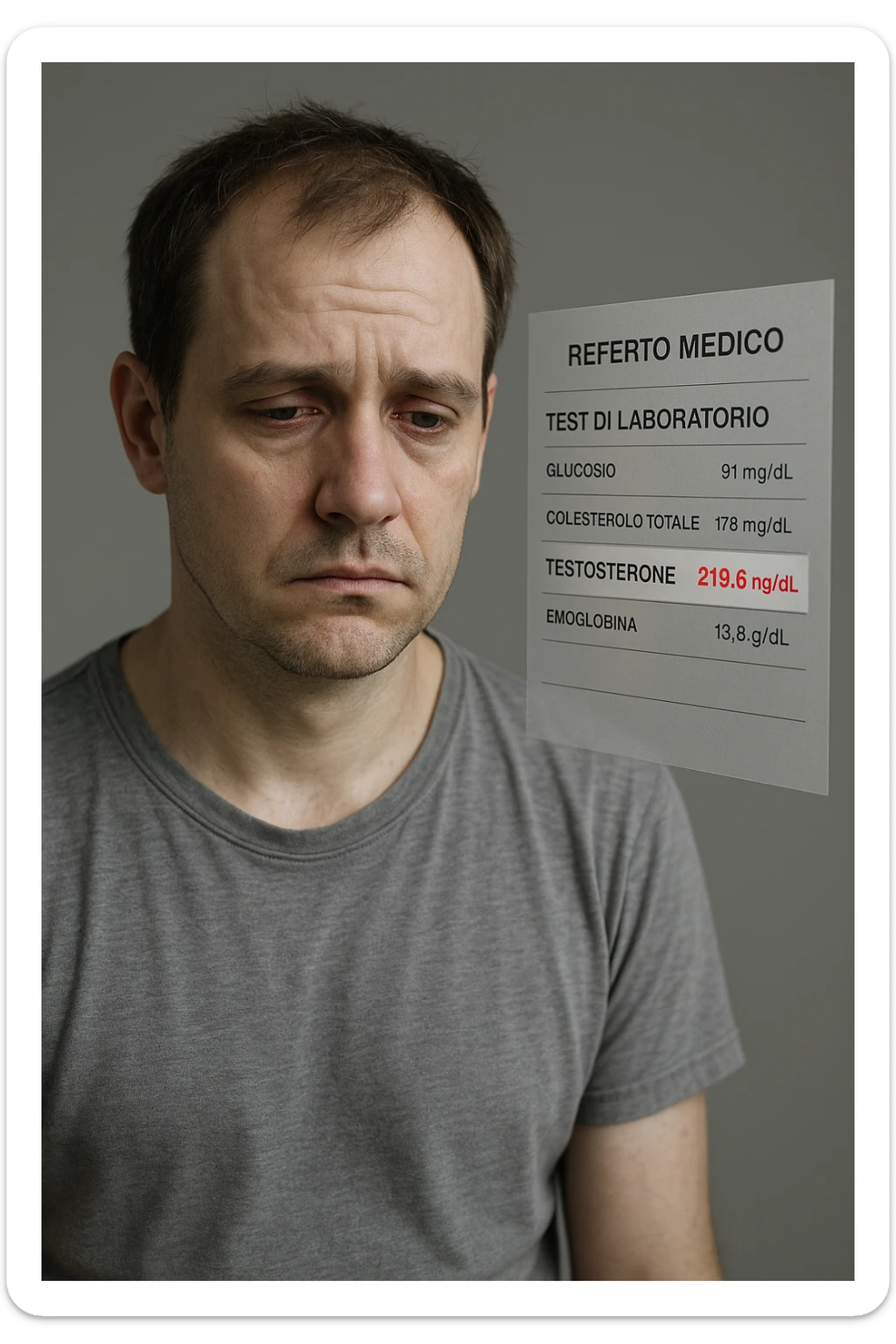 Un uomo caucasico di 35-45 anni, in CGI fotorealistico, che mostra i segni fisici ed emotivi di un basso livello di testosterone. aggiungere un referto medico semi-trasparente fluttuante accanto a lui, con valori di testosterone evidenziati in rosso. in italiano sticker