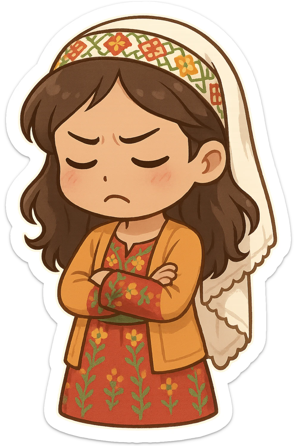 Kurdish woman in traditional dress jamadani, upset mood, cartoon style, arms crossed or looking down, frowning, no text sticker