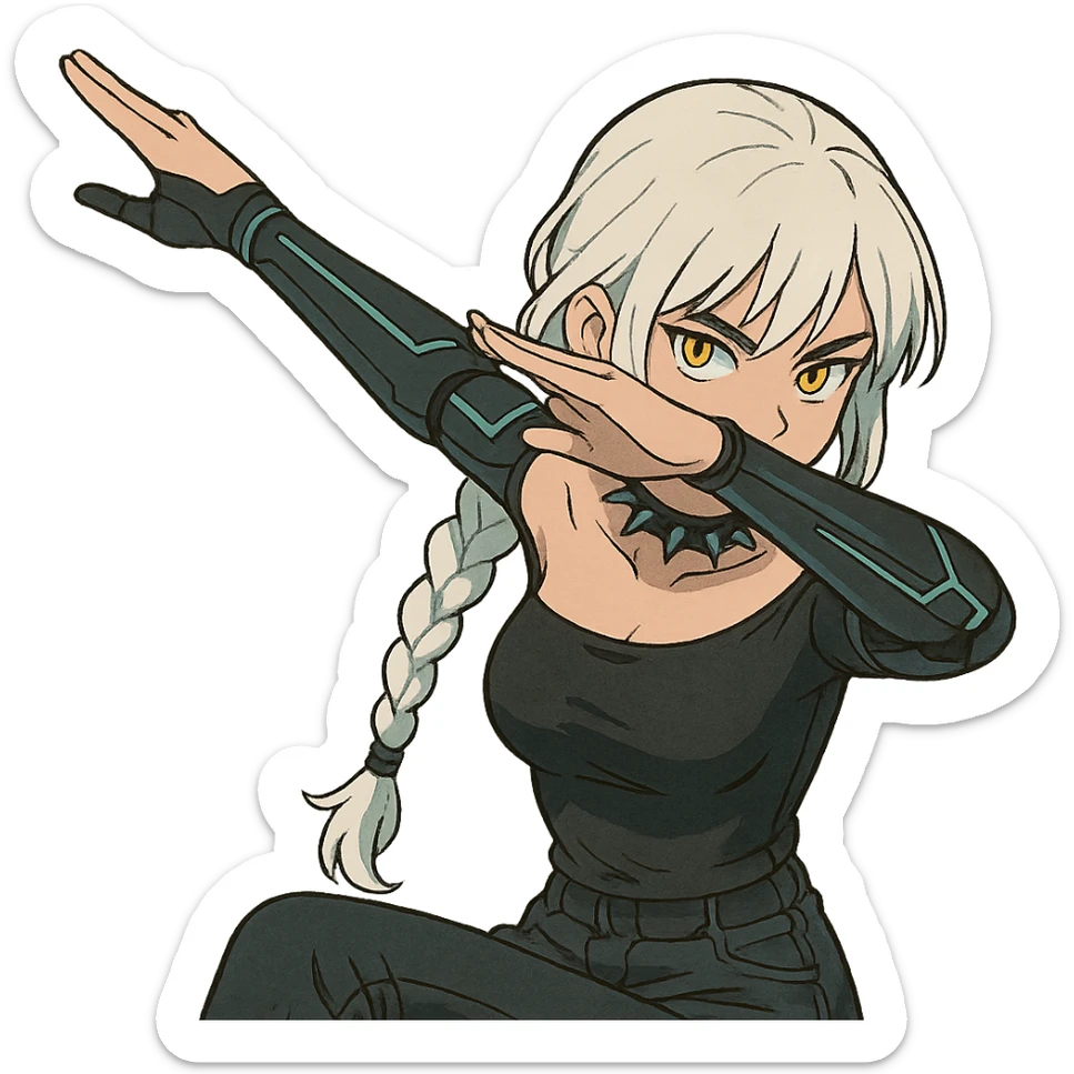 she is dabbing, a closeup portrait of young woman with gold yellow eyes, white hair, long braid, black off-shoulder top d-cup, punk gothic style, futuristic cyberwave cyberpunk, sitting position sticker