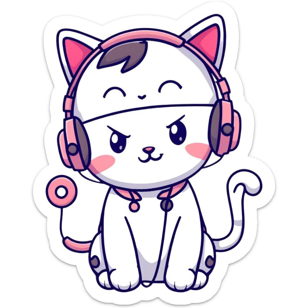 Cute anime style Japanese girl wearing colorful cat ear headphones sticker