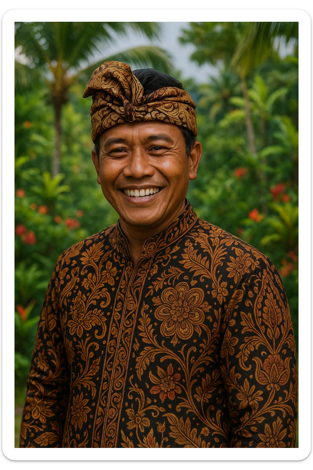 a Balinese person wearing traditional attire with a warm smile, intricate batik patterns, tropical background sticker