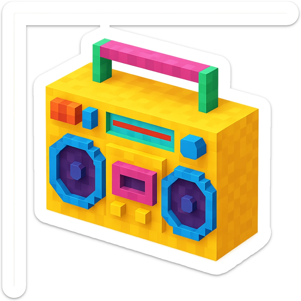 retro boombox with detailed buttons, cassette player, and large speakers sticker