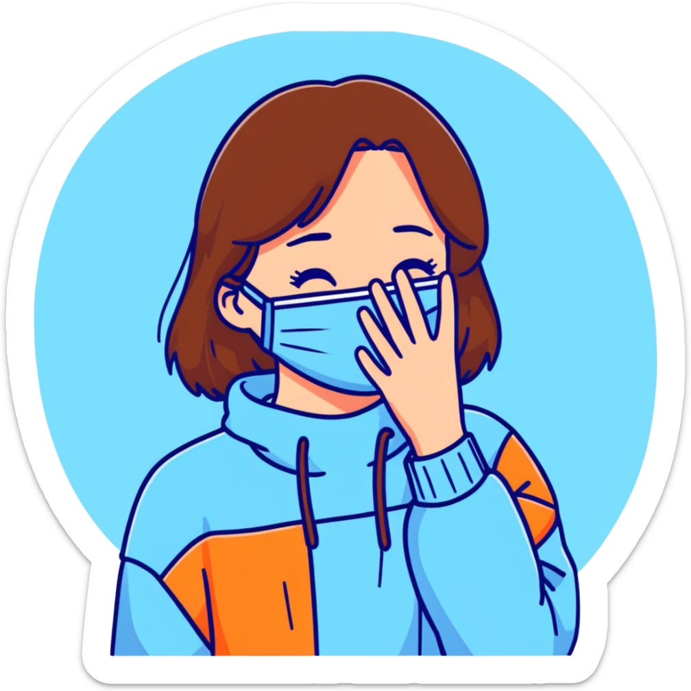 brunette girl with brown hair wearing pastel blue clothes covering her face with her hand sticker