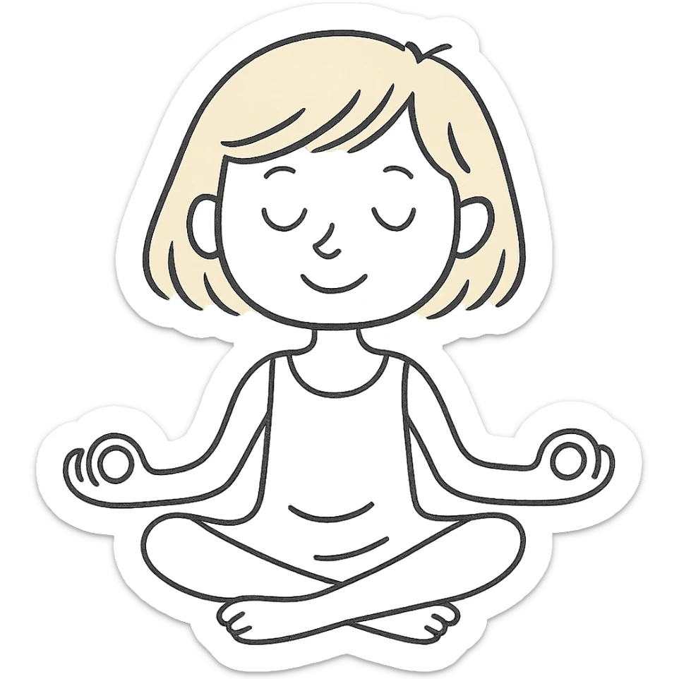 a blonde girl with a short haircut in a white dress sitting in a lotus position and meditating with a background sticker