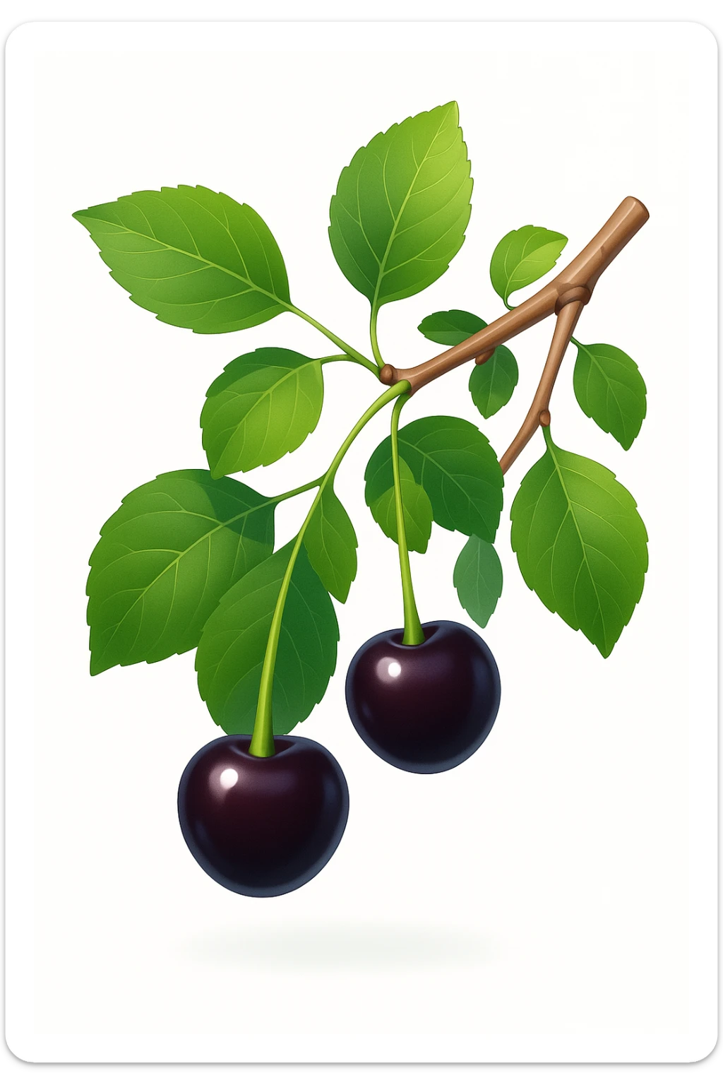 Redraw the cherry branch with black berries and green leaves in a modern 3D iOS style, adding volume, expressive light and shadow, and a clean background. sticker