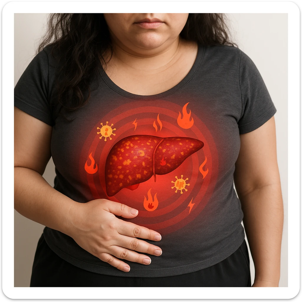 Realistic style depiction of a woman with PCOS, enlarged and inflamed liver highlighted by a red halo and symbols of inflammation. Inspired by the reference image, 4K quality. sticker