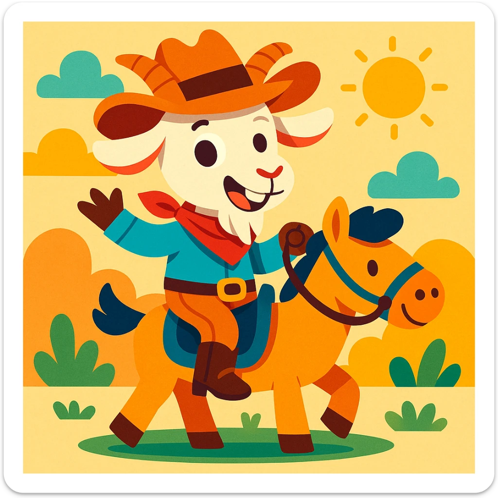 a goat in cowboy attire, riding a tiny horse, humorous and cute, vibrant colors sticker