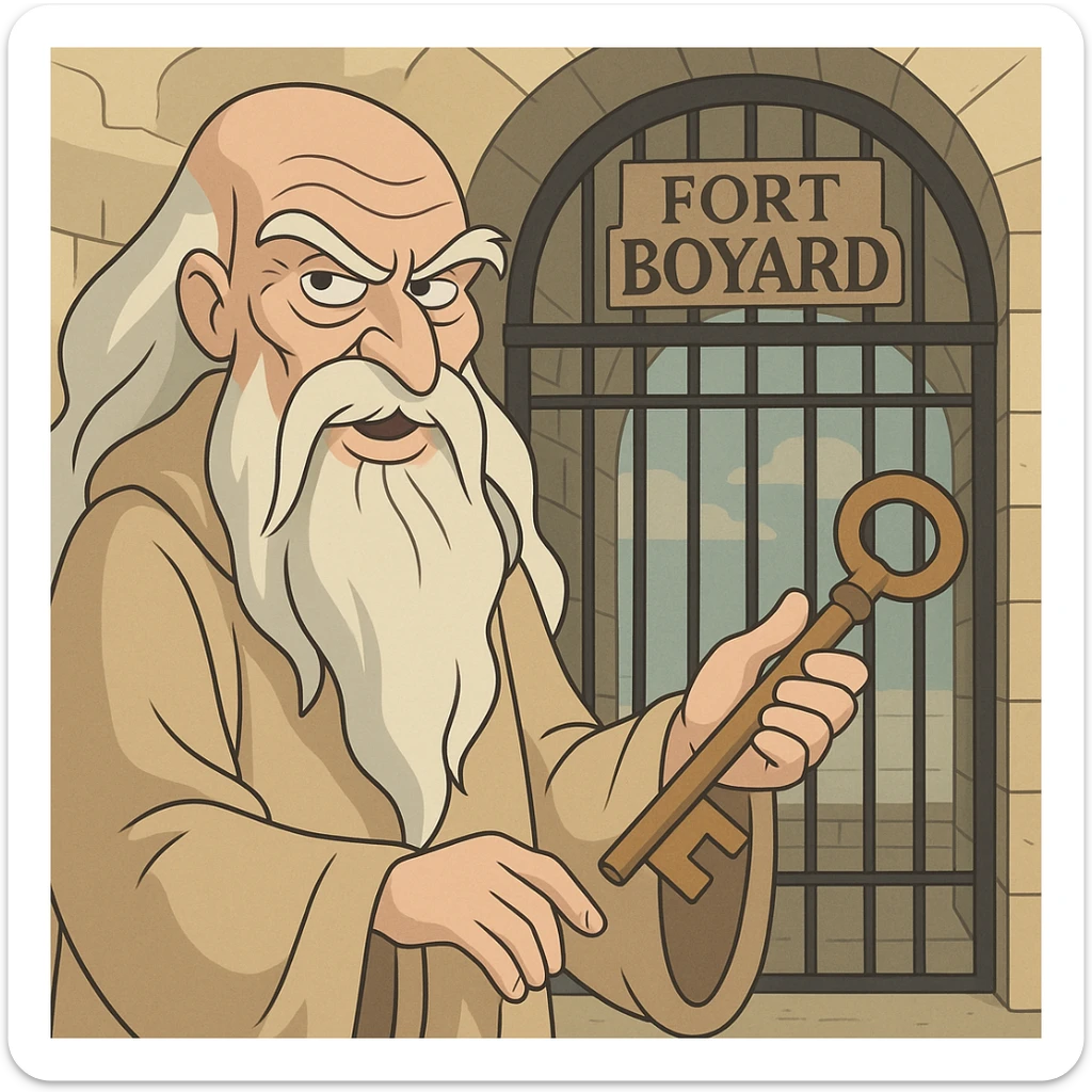 Père Fouras holding a large key in front of the Fort Boyard gate, flat toon style, whimsical, detailed beard, mysterious atmosphere sticker