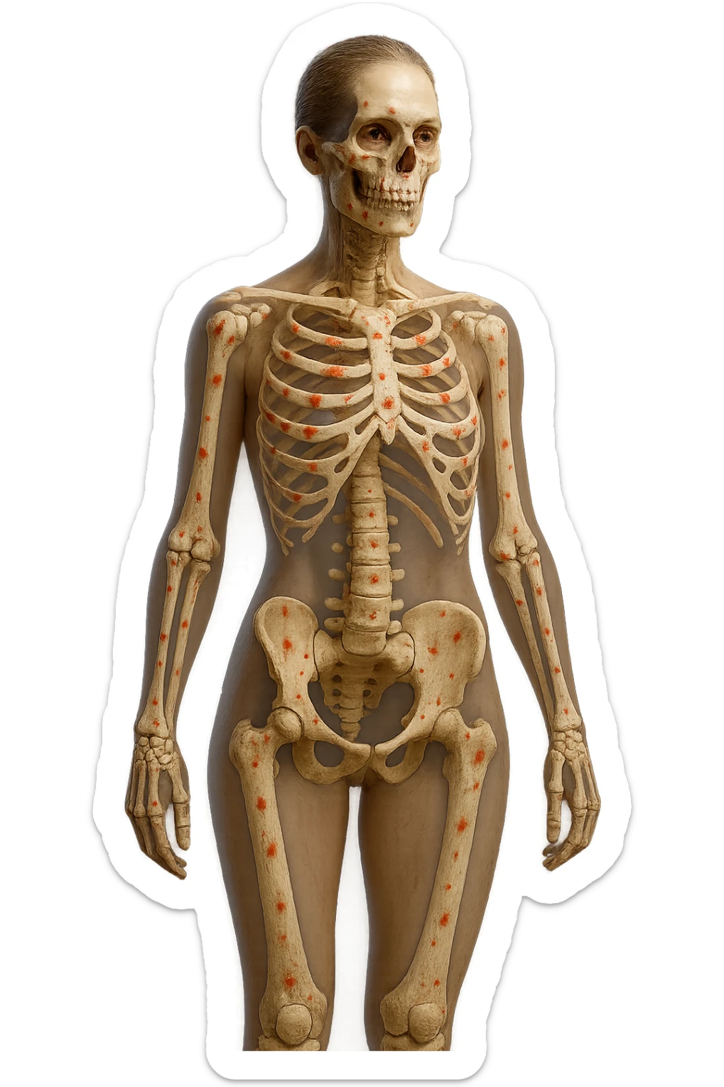 corpo umano anatomico di una donna affetta da fibromialgia, red spot sparsi sulle sue ossa, iperrealistica 4k sticker