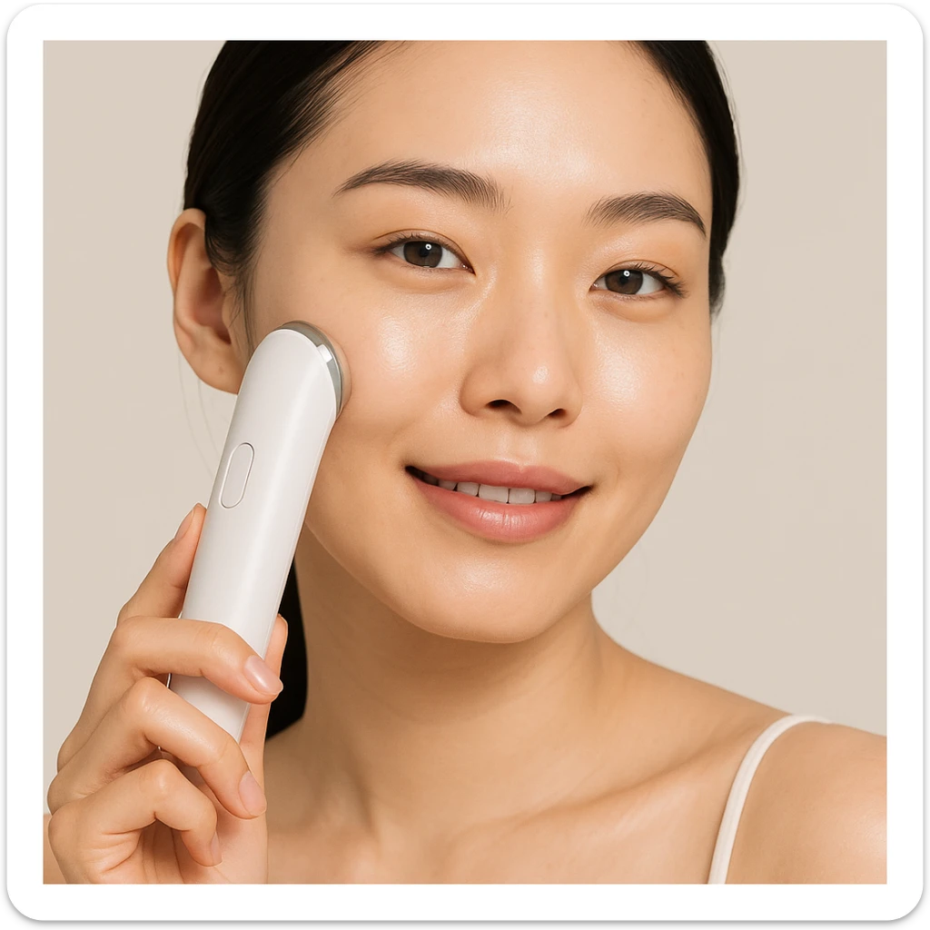 Korean woman holding a beauty device to her face, bright and healthy skin, natural expression sticker