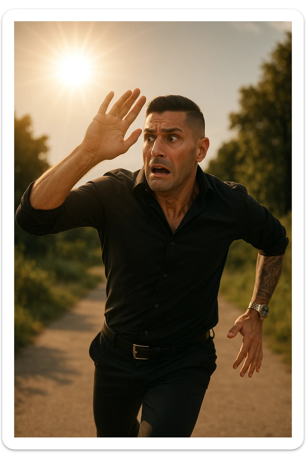 Uomo che corre via dal sole spaventato perchè pensa sia nocivo realistica sticker