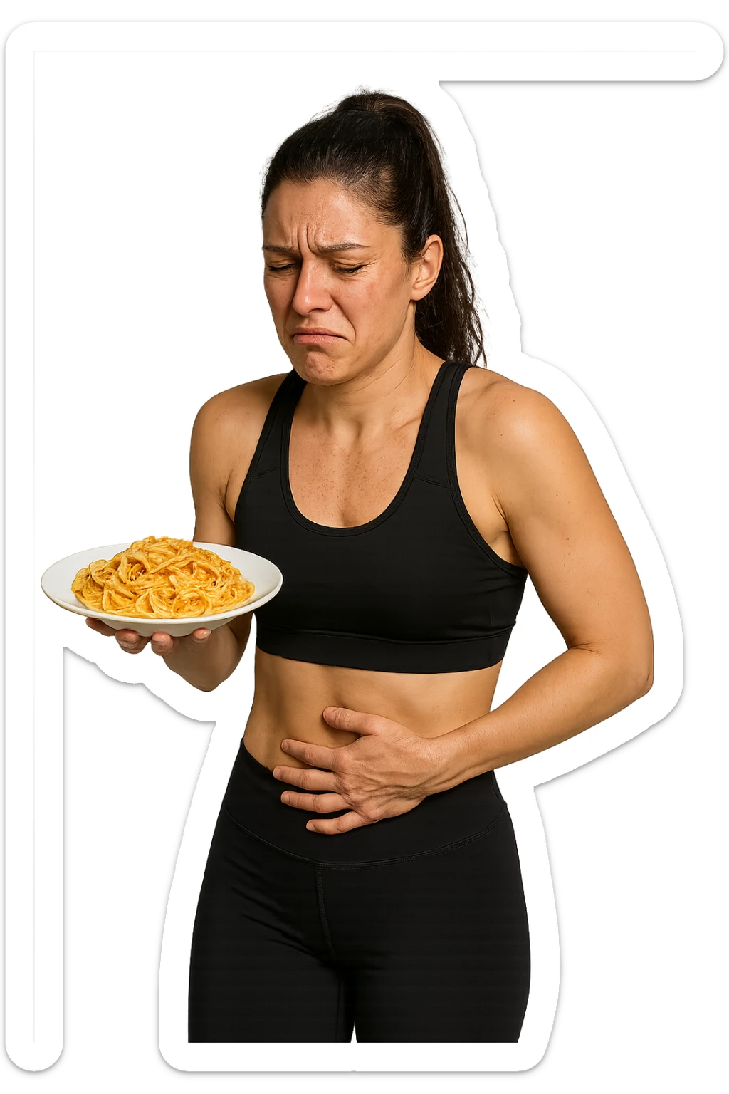 DONNA FITNESS CON PIATTO DI PASTA IN MANO E MAL DI PANCIA, FA FATICA A DIGERIRE sticker