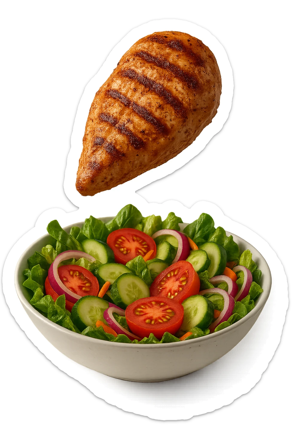 INSALATA CON PETTO DI POLLO GRIGLIATO CHE CADE DALL'ALTO, IPERREALISTICO 4K sticker