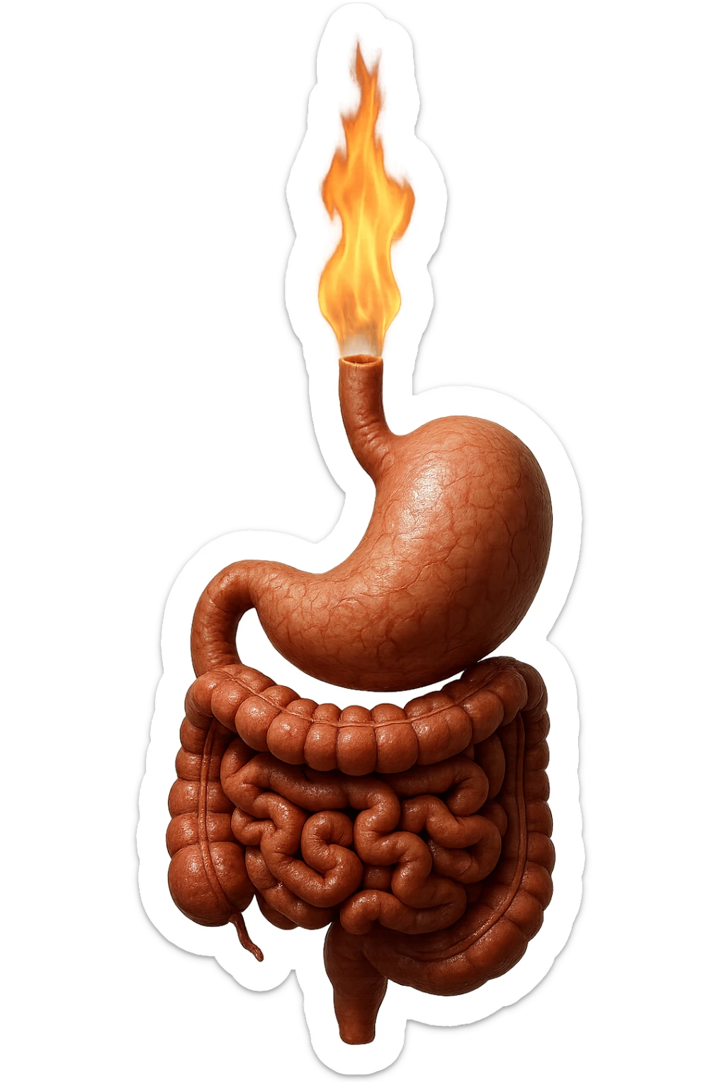 intestino e stomaco sono collegati, con una fiamma che brucia sopra, iperrealistico 4k, non disegnato sticker