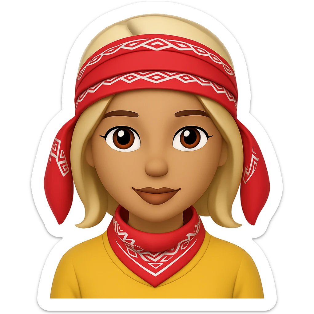 Create an image of a woman with a bandana and blonde hair in the style of Apple emojis, with no background. The style should mimic the look of Apple emojis. sticker