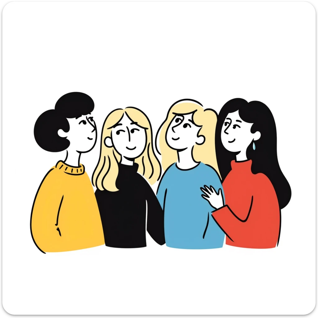 group portrait of four young female friends, 25 years old, up to waist, drawing style, no bangs, all with middle part hair. Body diversity: chubby blonde, slim brunette, normal weight blonde with long wavy hair, slim brunette with very long hair. Neutral background, cheerful attitude. sticker