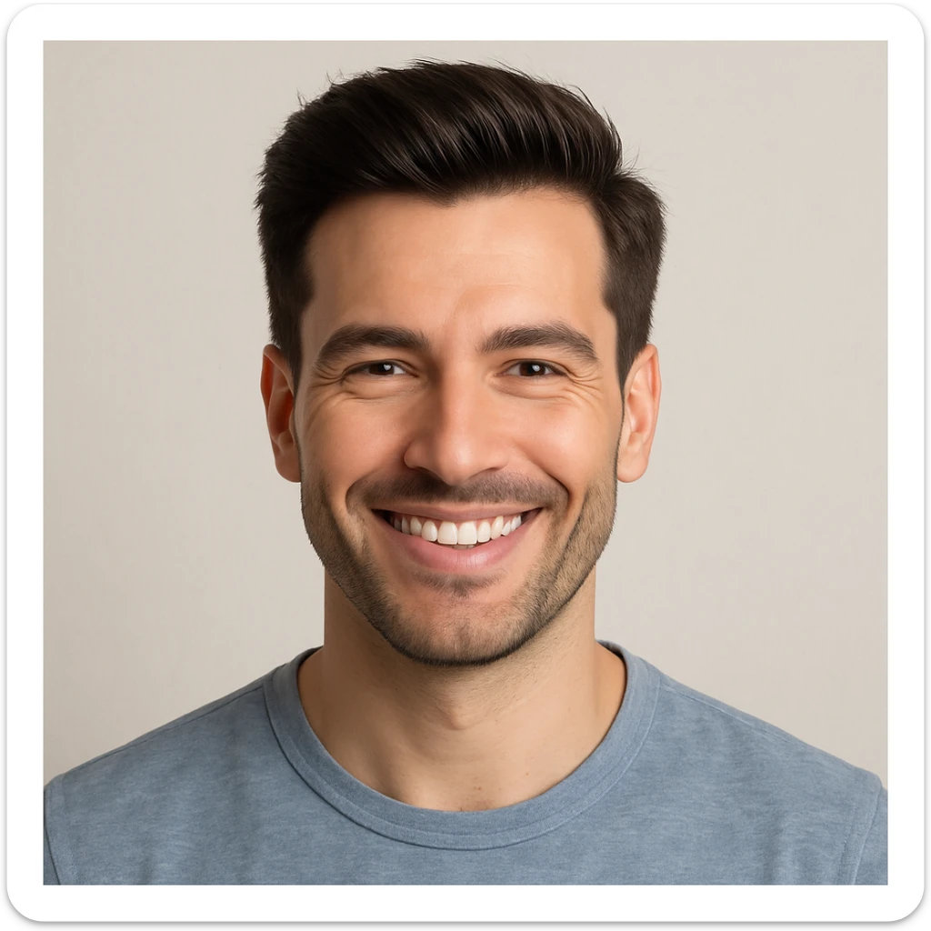 a man with a full head of hair, smiling and radiating confidence after a hair transplant, semi-realistic style sticker