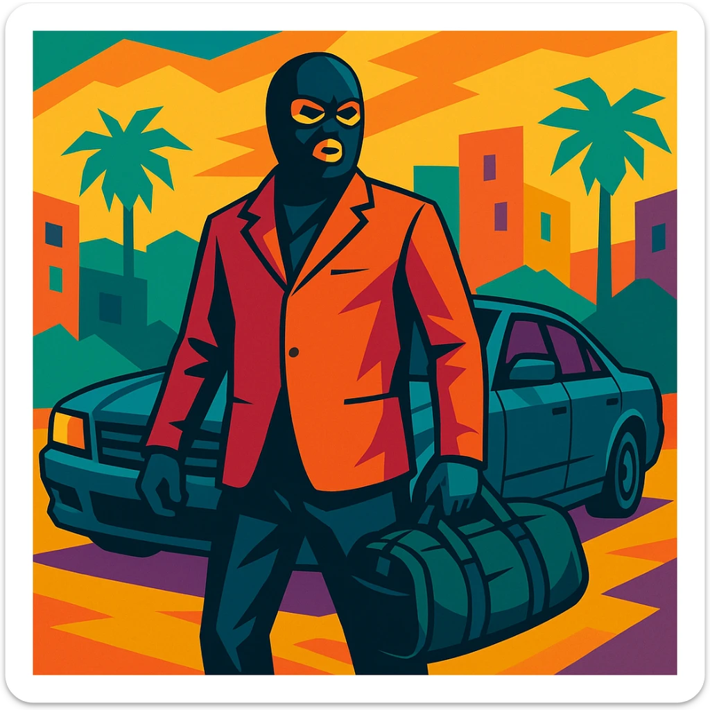 GTA5 style character, masked, holding a duffel bag, standing in front of a getaway car, vibrant toon style sticker