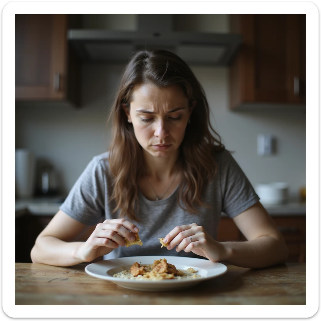 adult woman following an extremely restrictive diet, looking sad or fatigued in front of a plate with very little food, realistic or semi-realistic style, emotional atmosphere, natural details, kitchen or table environment sticker