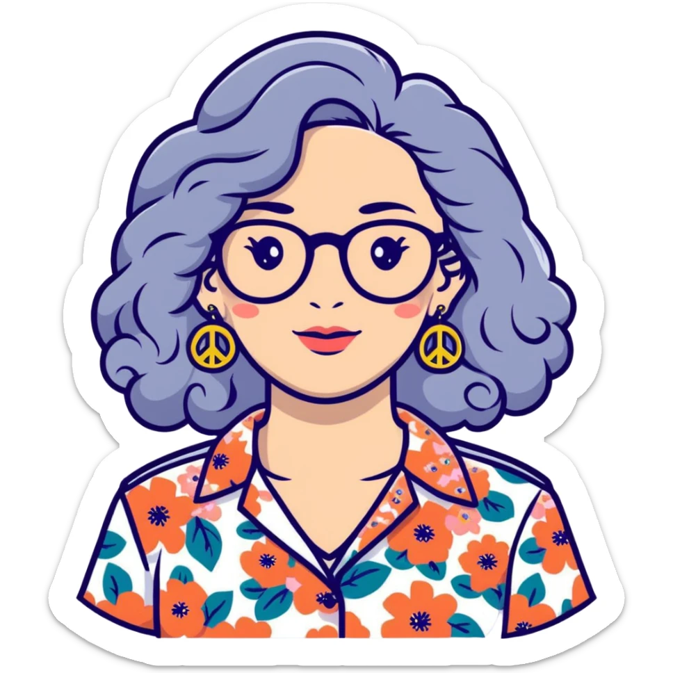 Hippie woman with long curly flowing gray hair and glasses wearing floral shirt and peace earrings sticker