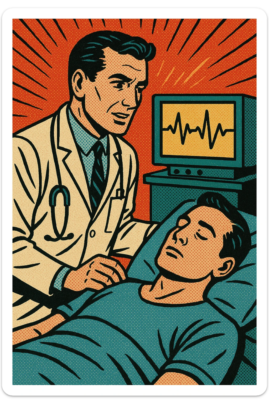 A doctor in a hospital standing in front of a heart rate monitor and a patient sticker