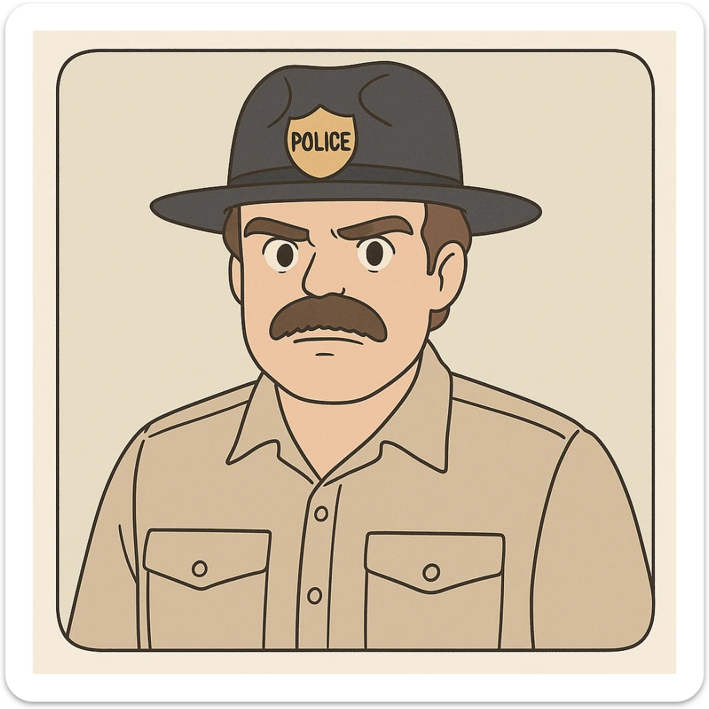 Jim Hopper from Stranger Things wearing a police hat, mustache, beige shirt, protective expression, simple line art, light pastel tones, thick outlines, in Ghibli style, 1:1 format, inspired by the provided references. sticker