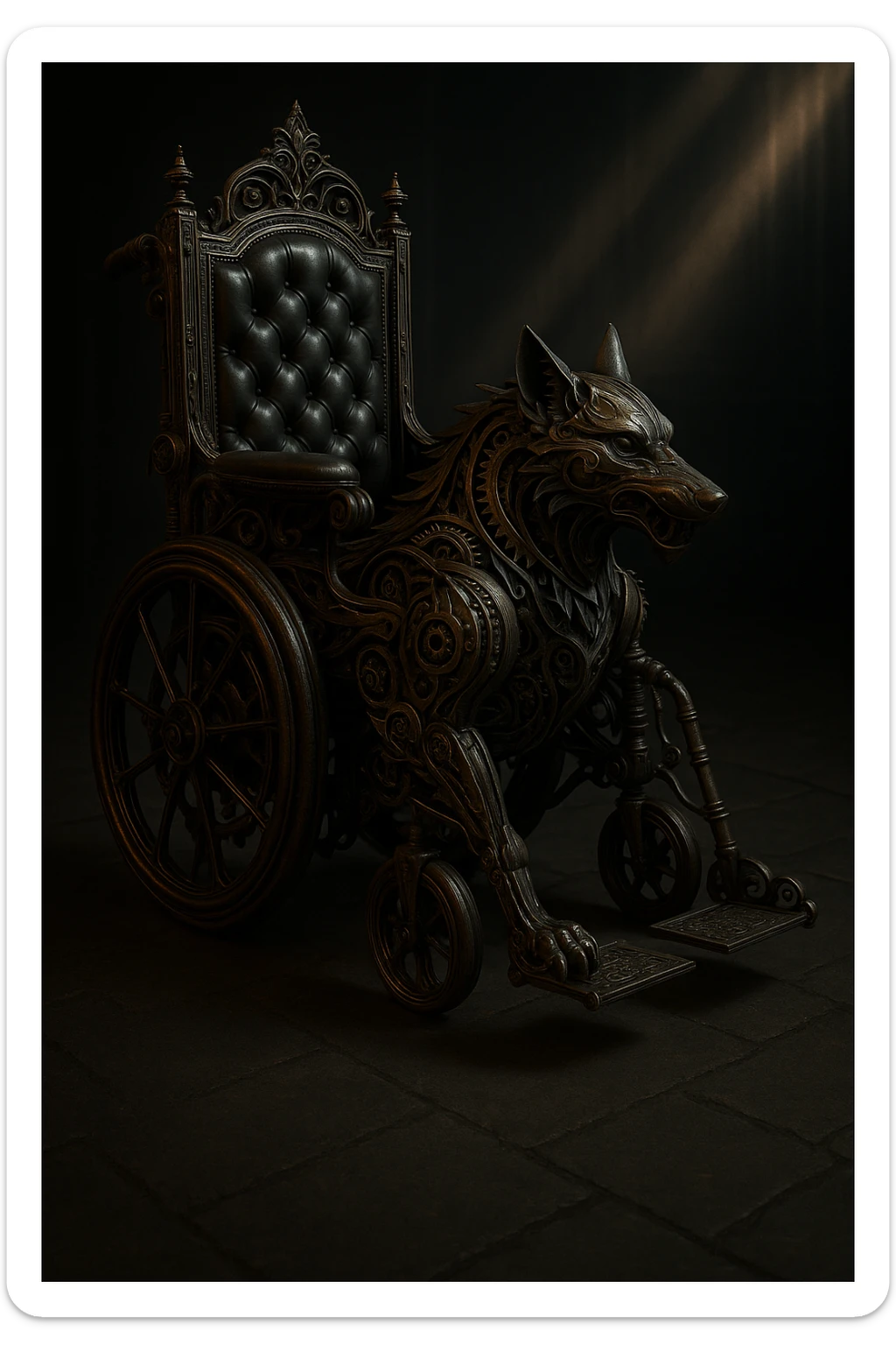 Add a gothic steampunk wolf detail to the wheelchair, keeping ornate gears, dark metal, Victorian details, and dramatic lighting. The style should evoke a dark, intricate, and mysterious gothic steampunk aesthetic with mechanical and Victorian elements. sticker