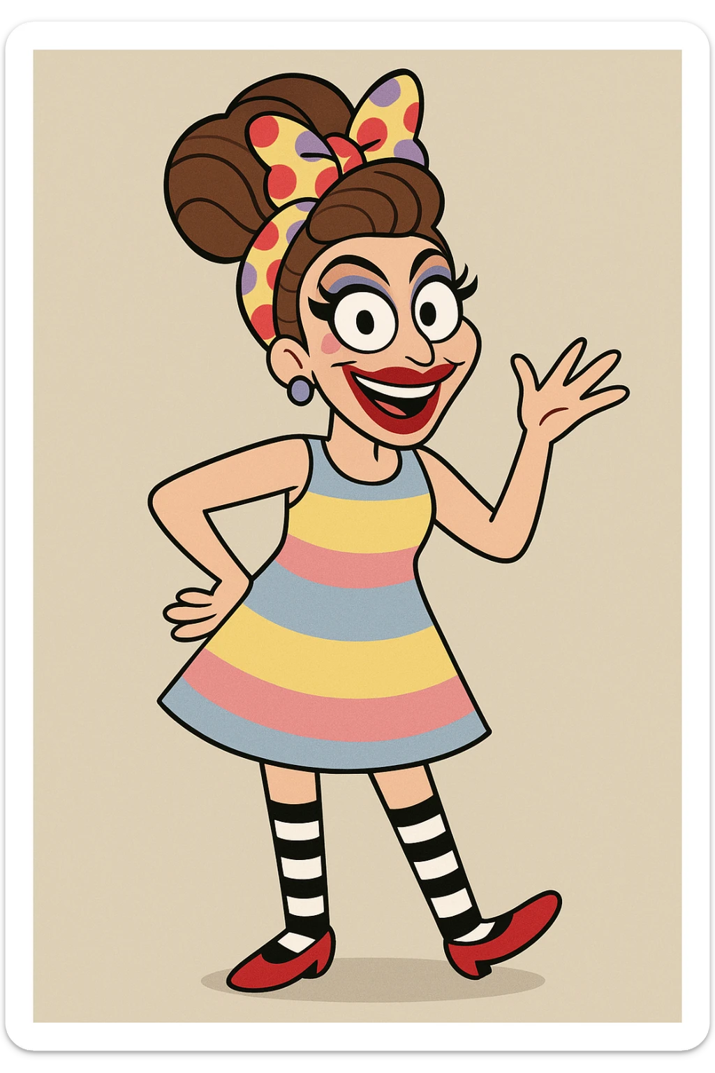 Bianca Del Rio red and purple spots hair ribbon yellow pink blue and Stripes dress black and white stripes socks red shoes  sticker