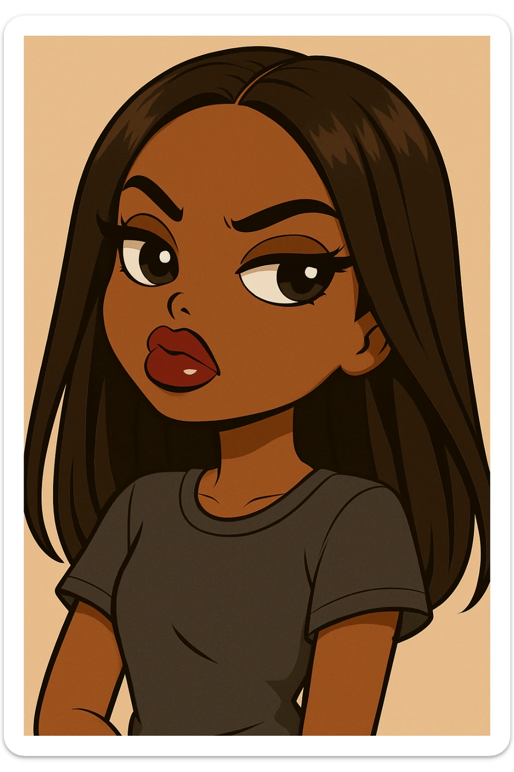 Change her outfit to a more casual style, headshot only, 20-year-old anime Bratz style woman with dark skin, straight hair, big expressive eyes, glossy lips, no hat, no tears, confident and aloof expression, snooty attitude, nose turned up. Maintain the anime Bratz style and the described facial features and expression. sticker